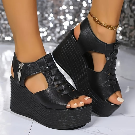 Women'S Summer Fashion Synthetic Ankle-strap Open Toe Platform Heel Wedge Sandals, High Heel, Thick Soled, Hollow Out Design, Side Zipper, with Hand Wash or Professional Dry Clean Care Instructions