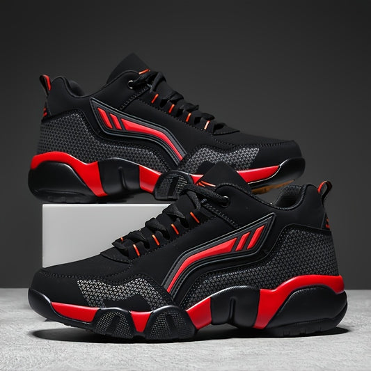 Men's Athletic Sneakers - Breathable Mesh Upper, Non-Slip Rubber Sole, Durable Low-Top Lace-Up Shoes for Running, Walking & Hiking | Black with Red Accents