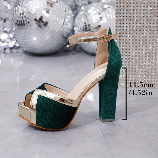 Women's Emerald Green & Golden Glitter Block Heel Pumps - Elegant Lace-Up Formal Dress Shoes with Cushioned Insole, All-Season Versatile High Heels