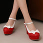 Elegant Women’s Mary Jane Ballet Pumps with Pink Bow, White Platform High Heels, Ankle Strap & Floral Lace Detailing – Perfect for Weddings, Parties, and Formal Events