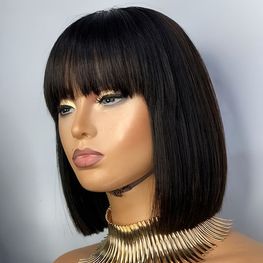 Women'S Short Bob Human Hair Wig with Bangs - Straight, Glueless, 150% Density, Full Machine-Made, Rose Net Cap, Stylish Black Hair for Women, Stylish Haircut | Straight Hair Wig | Glueless Wig