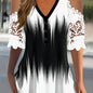 Lace Splicing V Neck T-shirt, Casual Short Sleeve Top For Spring & Summer, Women's Clothing