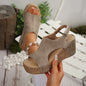 Women'S Square High Heel Platform Sandals - Casual Faux Cover with Rivet Detail, Peep Toe, Mid-Heel, Hook-and-loop Closure, Elegant Summer Shoes for Casual Attire, Strappy Sandals