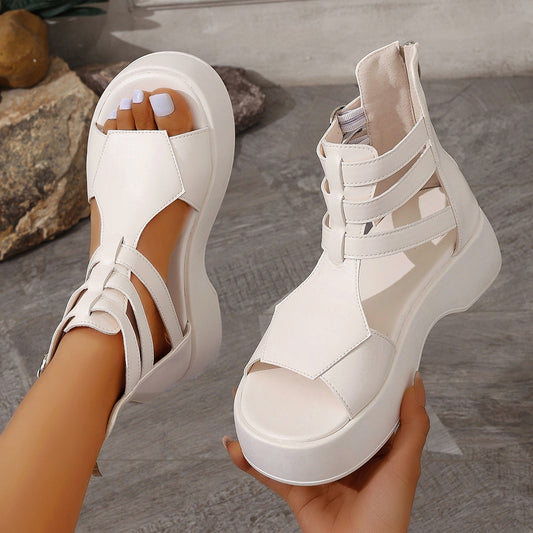 Women'S White Platform Wedge Sandals - Large Size, Open Toe, Zipper Closure, Faux Cover, Comfortable Chunky Heel for Casual Wear, Casual Wear Sandals|Wide Platform Heels|Synthetic Cover Sandals, Chunky Heel Sandals