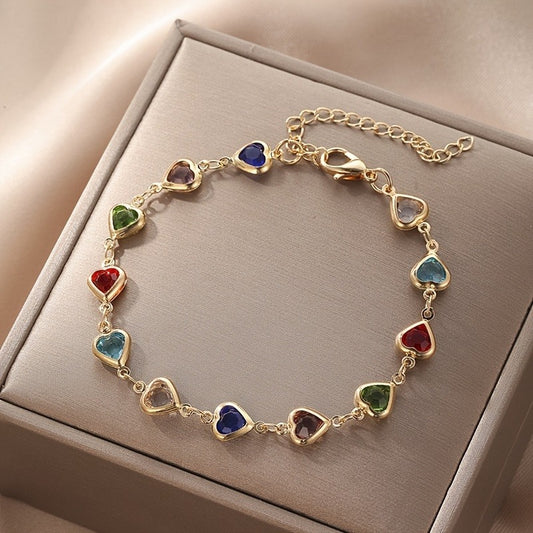Multi-Colored Cubic Zirconia Heart Bracelet, Elegant Vintage Style Chain Link Bracelet with Heart-Shaped Charms, Ideal for Daily Wear, Party Jewelry and Valentine'S Day Gift for Her - 1pc