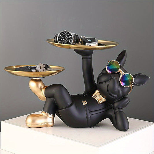 Resin French Bulldog Decorative Figurine with Dual Trays for Storage – Tabletop Organizer Statue for Keys, Snacks, Jewelry, & Accessories – Ideal for Entryway, Living Room, Office, & Home Decor – Artistic Gift for Housewarming, Mother's Day, Graduation