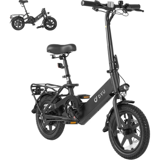 2025 NEW DYU Foldable Electric Bike, 14-Inch City E-Bike with Rear Rack, 36V 7.5Ah Battery, 250W Motor, 3 Riding Modes, Pedal Assist, Dual Disc Brakes, Night Lights, and Shock Absorber, Compact Design for Unisex Adults