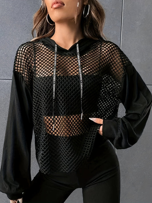 Y2K Style Hooded Mesh Long Sleeve T-Shirt, Summer Knit Fabric Top with Contrast Mesh Detail, Polyester and Spandex Blend, Regular Length Solid Color Tee
