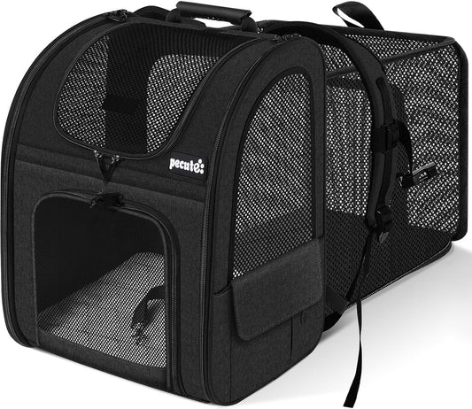 Cat Carrier Dog Backpack Expandable, Portable Breathable Rucksack with Front Opening-Mesh Window-Pockets, Extendable Back More Space Great for Carrying Puppy Dogs Cats (Black)