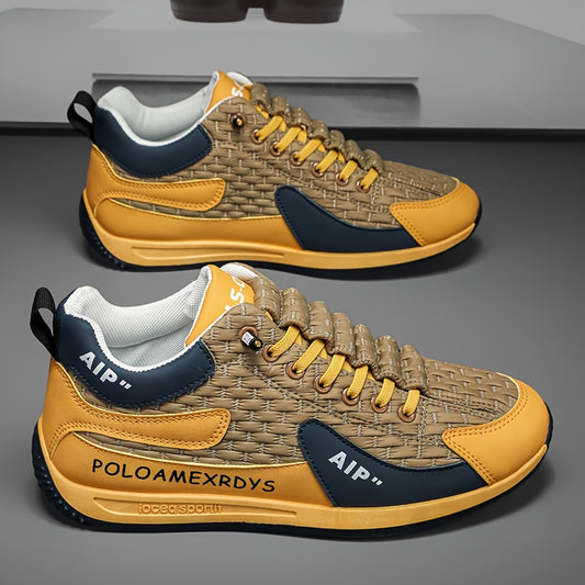 Men's Casual Sports Sneakers 2024 New Trendy Street Style Geometric Pattern, Mid-top Height, Round Toe, Lace-up, Fabric Liner, EVA Insole, PVC Sole, PU Upper, for Daily & Outdoor Use
