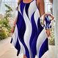 Women's Elegant Asymmetrical Hem Dress - Stretchy Polyester-Spandex Blend, Crew Neck Slingback Straps & Random Print Design, Machine Washable All-Season Casual to Dressy Wear, Versatile Fashion, Flowy Fabric