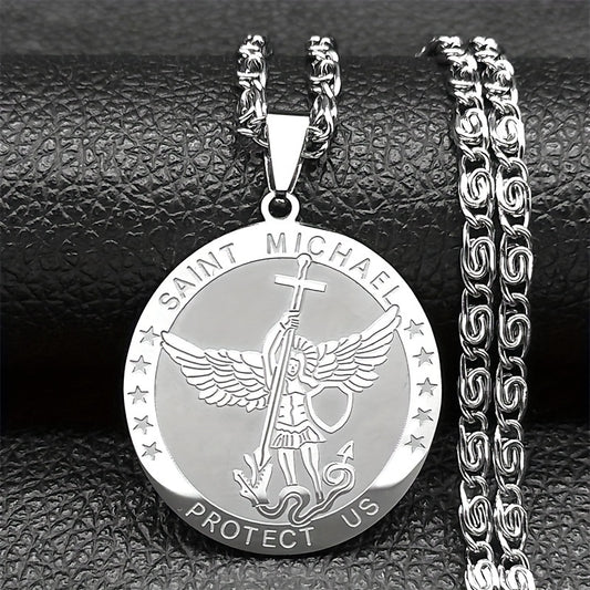 St. Michael Archangel Stainless Steel Necklace - Cool Golden-Tone Knight Shield Pendant for Men & Women, Fashion Amulet Jewelry, Protection, Pendant
