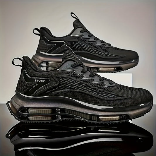 Men's Athletic Training Sneakers - Breathable Mesh Upper, Non-Slip TPU Sole with Air Cushion Technology, Lace-Up Closure, Black, Low-Top Design for Gym & Casual Wear