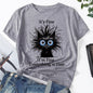 Whimsical 'It's Fine, I'm Fine, Everything is Fine' Cat Graphic Tee for Women - Light Blue, Casual Fit with Round Neck, Short Sleeves, Polyester, Machine Washable