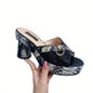 Women's Snakeskin & Rhinestone Pattern Sandasl, Slip On Peep Toe Platform Chunky Heel Shoes, Summer Casual Party Shoes for Koningsdag/King's Day