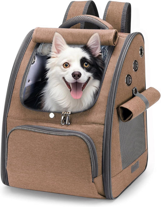 Pet Carrier Backpack Foldable Dog Backpack Cat Carrier Backpack Breathable Pet Bag with Sunscreen Curtains Suitable for Medium Cats and Small Dogs (Khaki Brown)