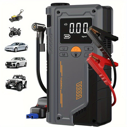 Multifunctional Portable Wireless Car Emergency Starter with Tire Inflator Pump, Air Compressor, LED Flashlight, and Emergency Light - USB Rechargeable 8000mAh Lithium Battery, Easy Tire Inflation Modes, Display Screen