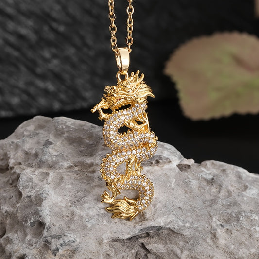 Elegant Golden Dragon Pendant Necklace for Women - Luxurious Rhinestone-Encrusted Jewelry, Perfect for Daily Wear or Parties
