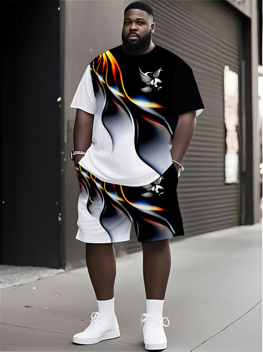 2pcs Men'S Plus Size Gradient 3D Eagle Print Athletic Outfit - Short Sleeve T-Shirt & Shorts Set, Polyester, Machine Washable, Casual Sportswear, Large Size, PLUS SIZE