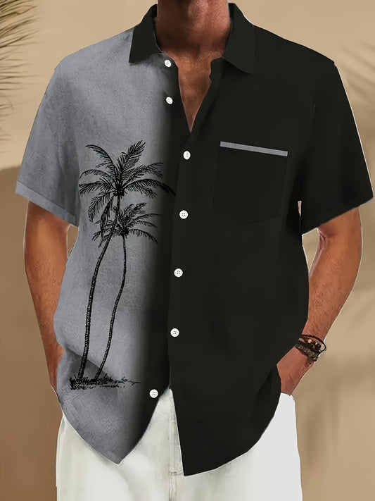 Men's Vintage Palm Tree Print Short Sleeve Shirt with Chest Pocket - Lightweight Polyester Blend, Button-Up Collar Design for Summer Resort & Casual Wear, PLUS SIZE