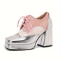 Women'S Sexy Mary-Jane High Heels, Solid Color Block Heel Square Toe Pumps, Breathable Waterproof Platform Shoes with Bow Embellishment, All-Season Man-Made Material, Rubber Sole - Available in Red