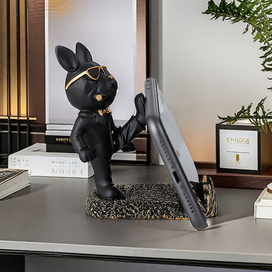 Frenchie Resin Phone Holder, Fashionable Desk Stand with Leopard Print Base, Black Tuxedo Design, Ideal for Office, Home & Car Decor, Perfect Gift for Valentine'S Day, New Year, Christmas, Halloween, Thanksgiving, Mother'S Day, Father'S Day | Playful Deco