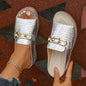 Summer New Fashion Versatile Pink Sandals With Golden Buckle Chain Decoration, Round Toe, Open Toe, Thick Bottom, Daily Casual Lightweight And Comfortable Slip-on Sandals For Plus Size Women In Foreign Trade.