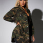 Plus Size Elegant Camo Coat for Women - Polyester 100%, Long Sleeve Lapel Collar, Midi Length with Button Details, Raglan Sleeves, Slight Stretch Fabric, Color Block, Oversized Fit, All-Season Woven Jacket