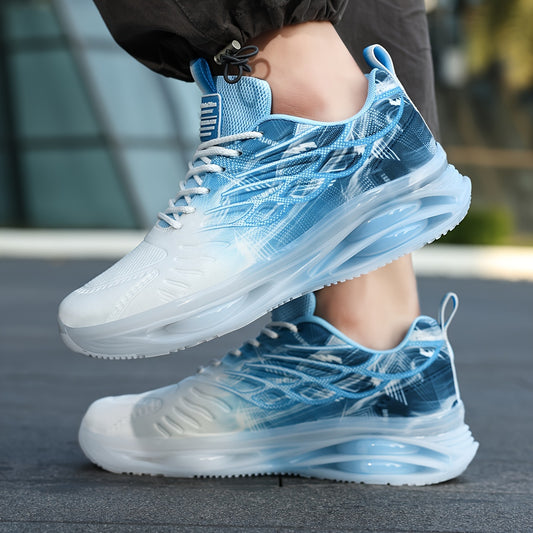 Men's Gradient Breathable Running Shoes - Stylish Blue & White Design, Shock-Absorbing Comfort Sneakers with Non-Slip Durable Laces for Outdoor Activities, Hiking, and Training
