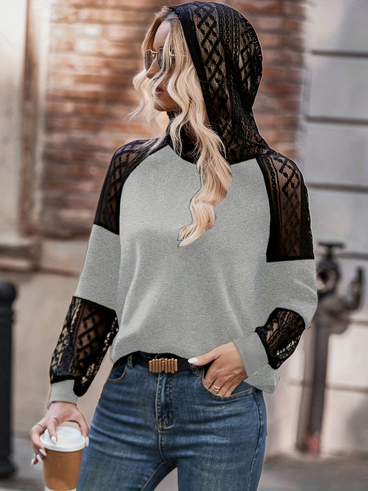 Contrast Lace Raglan Sleeve Hoodie, Elegant Solid Color Hoodies Sweatshirt For Spring & Fall, Women's Clothing