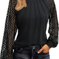 Lace Splicing Crew Neck Top-stitching Basic T-shirt, Long Sleeve Elegant Top For Spring & Fall, Women's Clothing