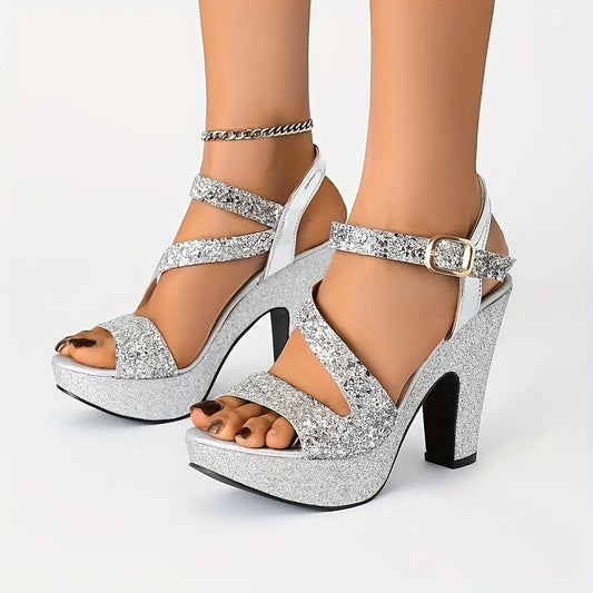 Elegant ladies' versatile coarse high-heeled sandals in all seasons, metallic round toe hollow fashion Women's shoes, party nightclubs, professional must-have