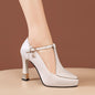 Women's Black Faux Cover Pointed-Toe Pumps with Rhinestone Buckle, High Block Heel Dress Shoes for Spring, Elegant & Stylish Design, Spring Dress Shoes | Sophisticated Style | Polished Synthetic Upper, High Heel Shoes