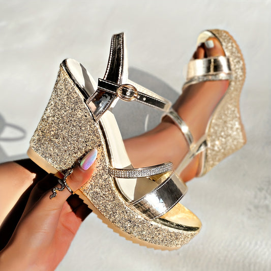 Ladies Ultrahigh Heel Wedge Sandals, Elegant, Waterproof, Synthetic Upper, Synthetic Inner, Rubber Sole, Synthetic Insole, Buckle Closure, Strappy Back, Open Toe, Solid Color, No Printing, Hand Wash, All-season