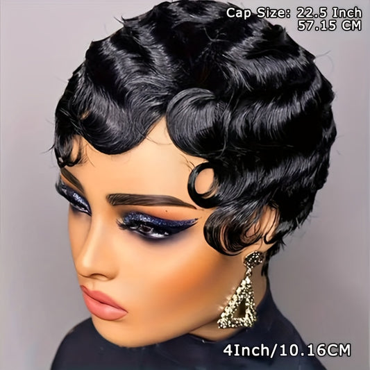 Mother's Day Wig Chic 4-Inch Deep Wave Pixie Cut Wig for Women - 180% Density Remy Human Hair with Natural Hairline, Machine-Made, No-Glue Needed