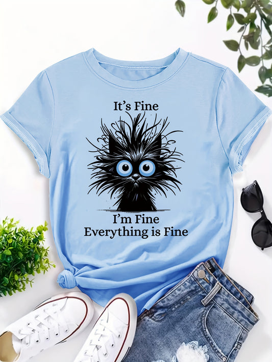 Whimsical 'It's Fine, I'm Fine, Everything is Fine' Cat Graphic Tee for Women - Light Blue, Casual Fit with Round Neck, Short Sleeves, Polyester, Machine Washable