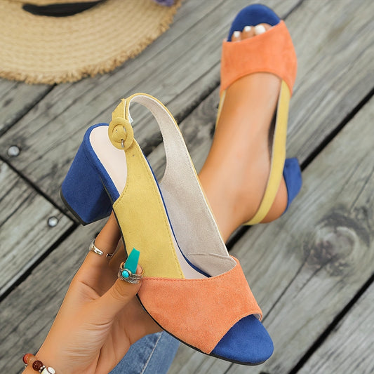 Women's Geometric Contrast Color Block Heel Sandals - Open Toe Ankle Strap with Buckle Closure, Cover Upper & Synthetic Cover Insole, High Block Heel for Casual & Party Wear, Casual Party Sandals | Buckle Strap Sandals | Rubber Sole Stability, High Heel S