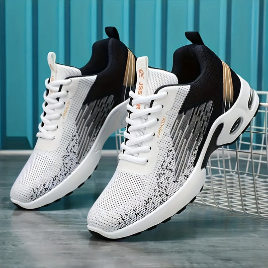 Men's Breathable Fabric Casual Sneakers with Geometric Pattern - Lace-Up Low-Top Design, Rubber Sole for Outdoor Running & All-Season Wear, Black/White/Golden Accents, Active Lifestyle Shoes, Sleek Footwear, Comfortable Fit, Sneakers, Casual Attire