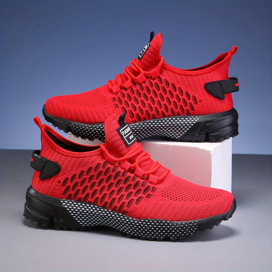 Men's Breathable Mesh Sneakers - Ultra-Comfortable, Non-Slip, Geometric Print with Red Accents - Perfect for Running, Basketball, Tennis, and Casual Wear - Lightweight & Stylish for Active Men