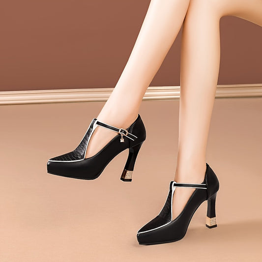 Women's Black Faux Cover Pointed-Toe Pumps with Rhinestone Buckle, High Block Heel Dress Shoes for Spring, Elegant & Stylish Design, Spring Dress Shoes | Sophisticated Style | Polished Synthetic Upper, High Heel Shoes
