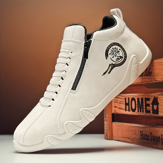[1pc Men'S Mid-Top Sneakers] Men'S Mid-Top Fashion Sneakers, Vintage Preppy Sports Style, Solid Color, PU Upper, Fabric Lining, PVC Sole, Cloth Insole, Round Toe, with Zipper Closure for All-Season Casual Shoes