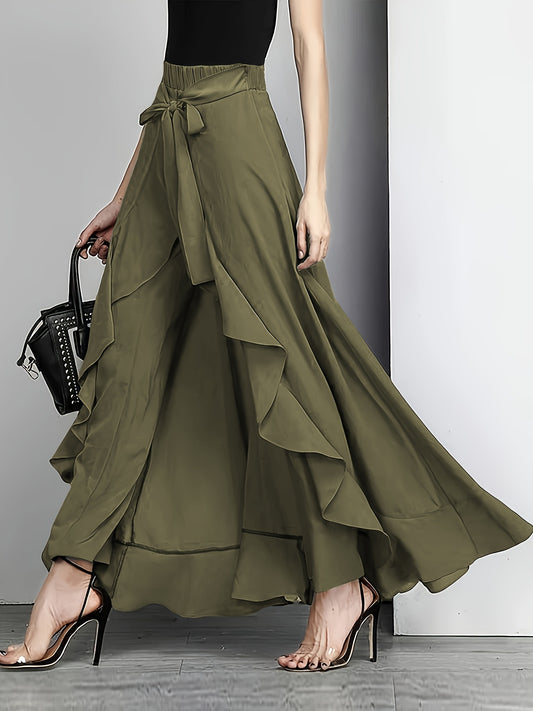 Women'S Light Blue Ruffle Hem Maxi Pants - Casual Solid Color Straight Leg with Belt Detail, Flowy Design for All Seasons, Polyester Fabri