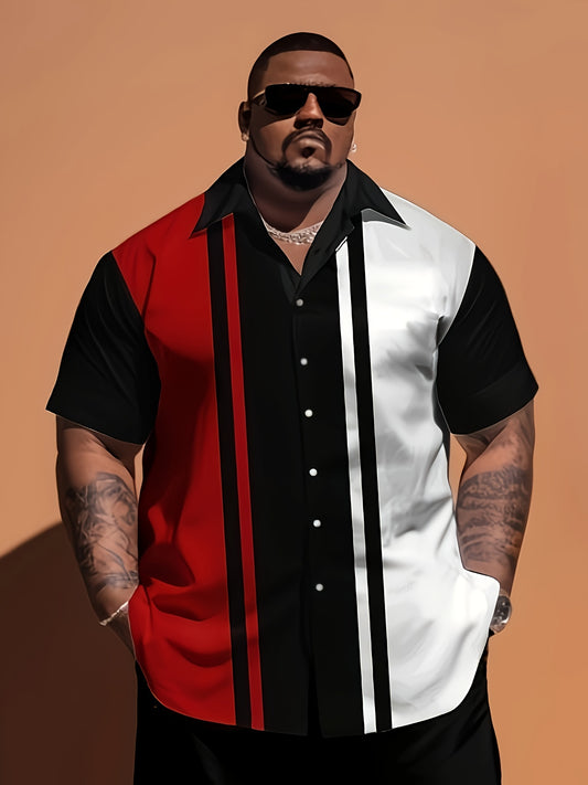Men's Plus Size Casual Short-Sleeve Button-Up Shirt with Stylish Black, Red & White Striped Color Block Print - Lightweight Polyester Blend, Machine Washable, Summer Resort Vacation Style, Vacation Clothing | Chic Casual Shirt | Spandex Comfort, Short Sle