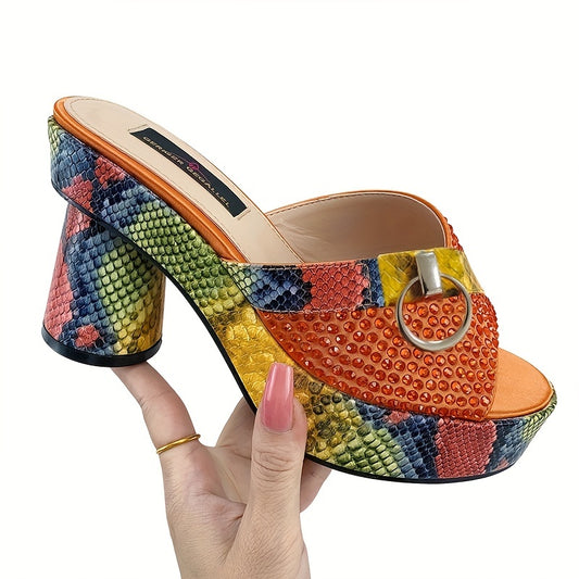 Women's Snakeskin & Rhinestone Pattern Sandasl, Slip On Peep Toe Platform Chunky Heel Shoes, Summer Casual Party Shoes for Koningsdag/King's Day