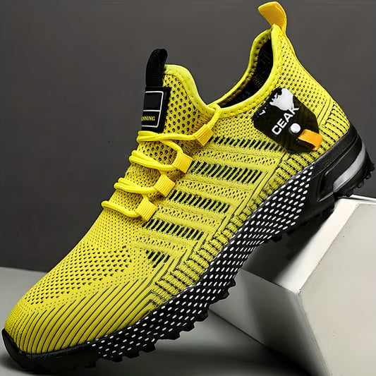 Men'S Breathable Knit Running Shoes - Comfortable, Non-Slip Lace-Up Sneakers with Air Cushion Sole for Outdoor Activities, Black & Red Accents, Casual Footwear|Trendy Men'S Shoe|Comfortable Wear