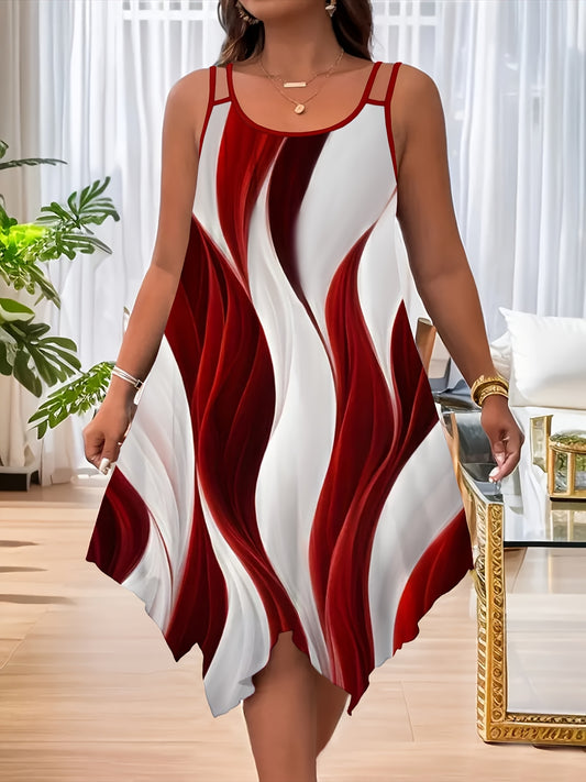 Women's Elegant Asymmetrical Hem Dress - Stretchy Polyester-Spandex Blend, Crew Neck Slingback Straps & Random Print Design, Machine Washable All-Season Casual to Dressy Wear, Versatile Fashion, Flowy Fabric