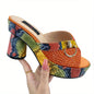 Women's Snakeskin & Rhinestone Pattern Sandasl, Slip On Peep Toe Platform Chunky Heel Shoes, Summer Casual Party Shoes for Koningsdag/King's Day
