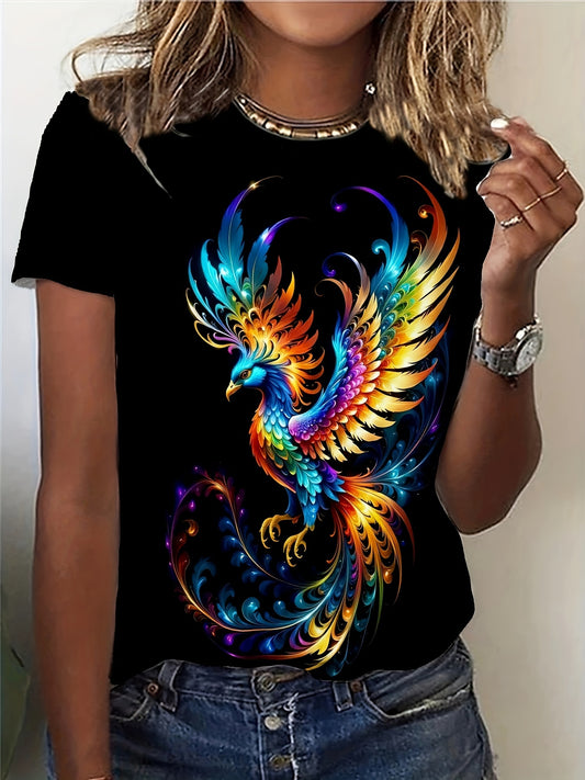 Phoenix Print Crew Neck T-shirt, Short Sleeve Casual Top For Summer & Spring, Women's Clothing