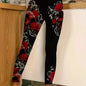 Women's High-Waisted Floral Print Leggings - Stretchy Skinny Fit, Black with Red Roses & White Flowers, All-Season Comfort, Polyester Blend, Machine Washable