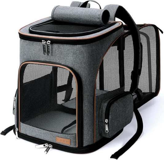 Expandable Cat Carrier Backpack - Portable Breathable Rucksack for Medium and Small Cats & Dogs, Foldable with Inner Escape-Proof Leash and Pet Mat, Supports 15 Lbs (Grey)